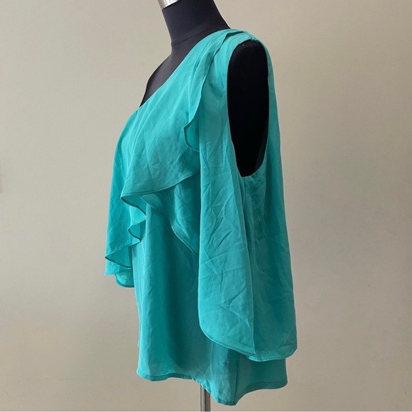 Asymmetrical Ruffle Sleeve Teal One Shoulder Blouse - Picture 4 of 6